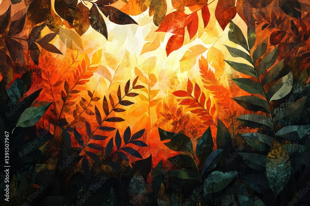 Poster an abstract artistic rendering of autumn leaves in vibrant oranges, yellows, and greens illuminated 