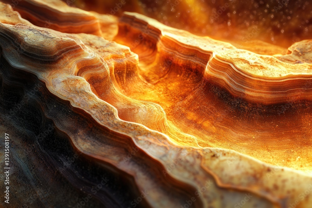 Aufkleber Striated rock formations in warm colors, creating an abstract landscape of texture and depth with a luminous glow.