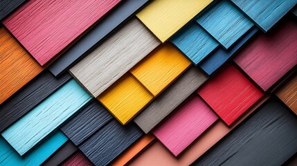 Colorful wooden planks arranged in an overlapping pattern.