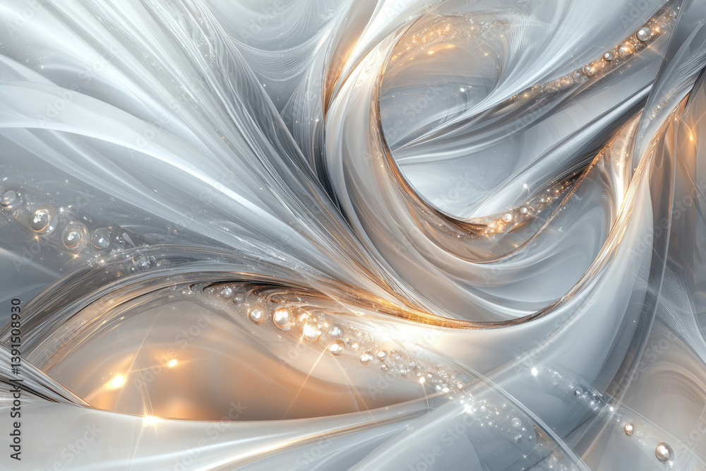 Poster abstract swirling gray and gold artwork with glowing bubbles, creating a luxurious and elegant desig