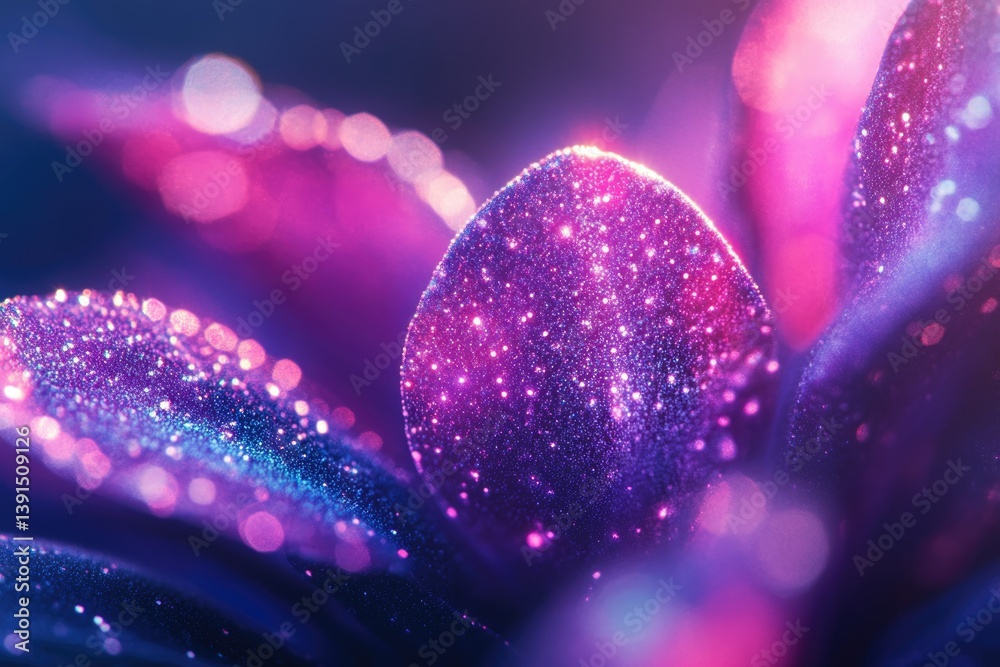 Aufkleber Sparkling magenta flower petals catch the light, creating a magical, ethereal effect in a close-up macro shot with soft bokeh.