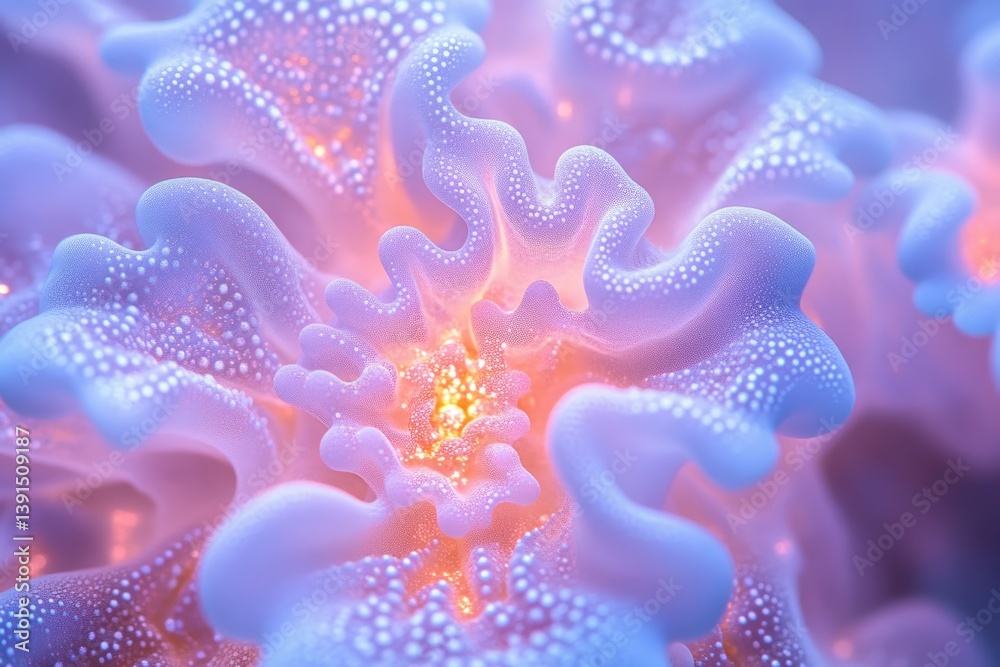 Poster a mesmerizing macro shot of delicate, undulating lavender and pink formations adorned with luminous 