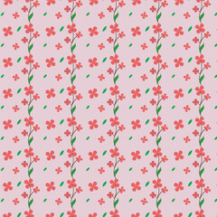 Fototapeta premium Seamless pattern with pink tiny flowers and green leaves