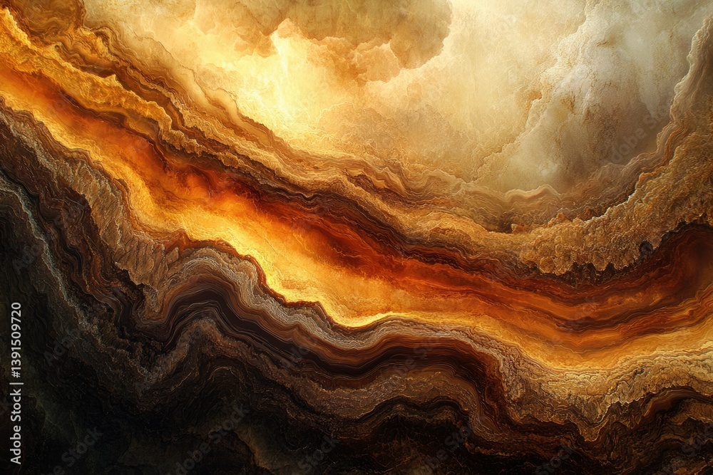 Poster Abstract artwork featuring swirling golden and brown textures, creating a sense of depth and movement, reminiscent of geological strata or celestial phenomena.
