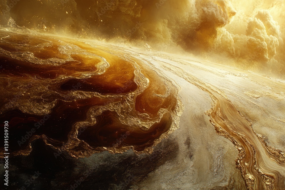 Poster golden abstract landscape with swirling textures and luminous clouds creating a divine, ethereal sce
