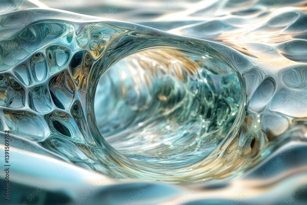 Poster Abstract, flowing, iridescent tunnel of water or liquid with intricate cell-like structures and captivating light play, creating a mesmerizing visual experience.