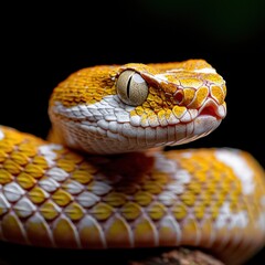 Fototapeta premium A stunning close-up reveals the intricate texture and vibrant yellow and white patterns of a viper snake's skin, illuminated by soft light, showcasing its captivating beauty in a