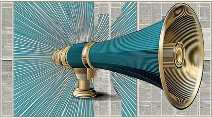 Illustrated Megaphone with Radiating Lines and Newspaper Background
