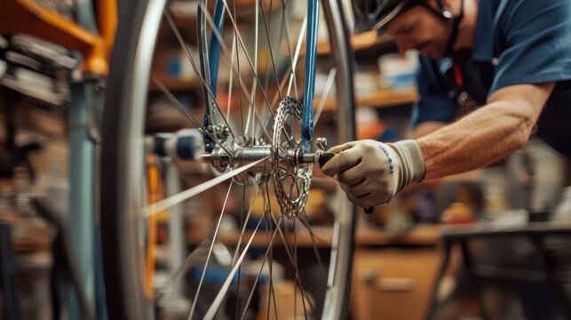 A mechanic works on a bicycle wheel in a workshop - Powered by Adobe