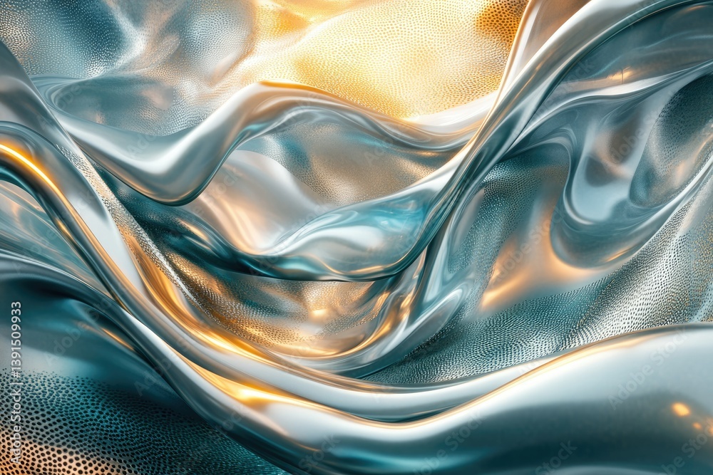 Poster Silky smooth flowing fabric in chrome and gold, creating abstract waves with a textured background.