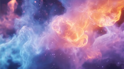 Obraz premium Celestial Symphony: A mesmerizing display of cosmic clouds swirls with vibrant hues of orange, purple, and blue, creating a breathtaking panorama of nebulae, and a vast canvas of space.