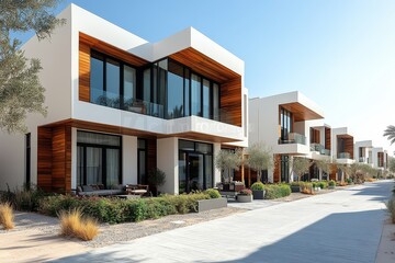 Obraz premium Sleek Modern Townhouses in Dubai's Desert: A Blend of Minimalism and Urban Elegance