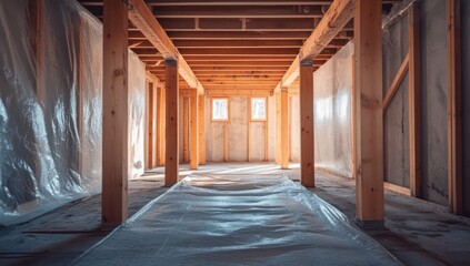 Newly Constructed Basement Interior with Wooden Beams and Plastic Covering