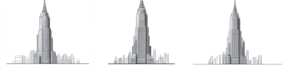A contemporary illustration of a modern skyscraper, hand-drawn from various angles in a minimalist style
