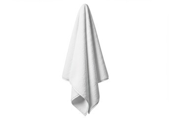 Fototapeta premium A hanging white towel isolated against a white background in a studio setting image view