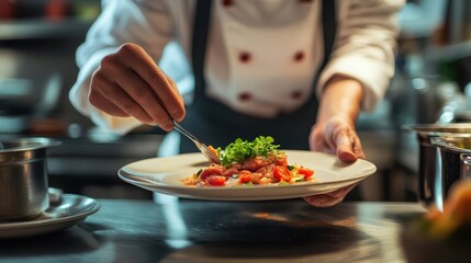 Naklejka premium A chef carefully garnishes food on a plate in kitchen