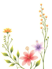 Naklejka premium realist drawing Flower frame, flower background. Mother's Day, Wedding, feminine, isolated flowers. flower decoration, deco, Rose, Lily, background, postcard, mock up, watercolor, colorpencil, gouache