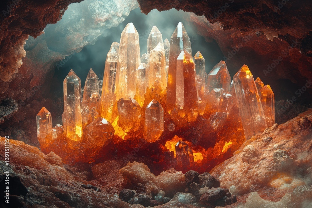Aufkleber a geode cave filled with a cluster of glowing orange crystals, illuminated by a mysterious light sou