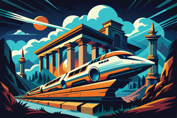 Futuristic Train Journey Amidst Ancient Ruins, Bold Colors, & Dynamic Composition