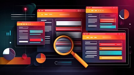 Illustration of Data Analysis with Windows, Charts and Magnifying Glass