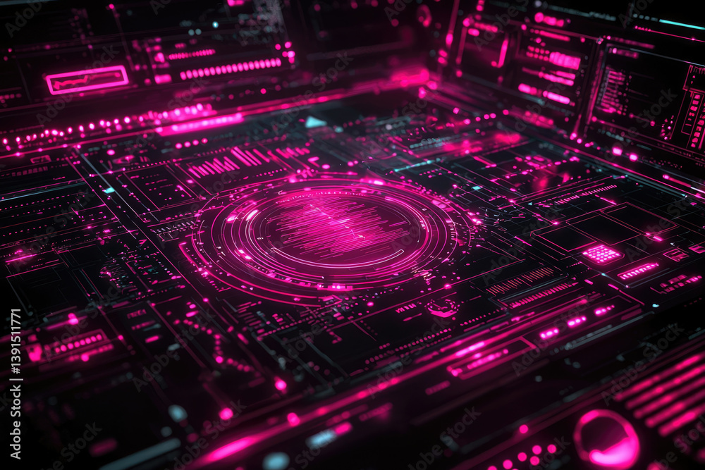 Poster Abstract digital interface with glowing pink lines and circular elements, representing futuristic technology and data processing.
