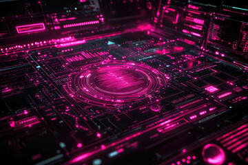 Abstract digital interface with glowing pink lines and circular elements, representing futuristic technology and data processing.