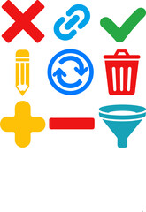 Colorful icon set with symbols like check, cross, edit, link, delete, filter, and refresh, perfect for UI, UX, and web applications requiring clear communication.