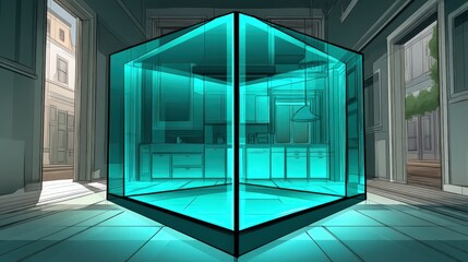 Illustration of Kitchen Inside Translucent Cube Within a Room