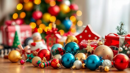 Bright New Year's decorations create an atmosphere of celebration and coziness. Shiny balls, garlands and toys shimmer in the warm light. The magic of Christmas night.