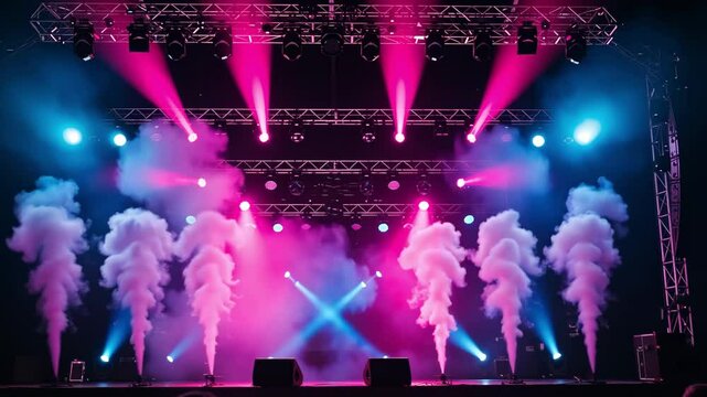 A stage with pink and blue lights and smoke effects creating a vibrant atmosphere scene