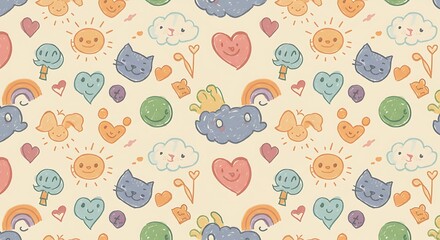 Fototapeta premium Cute kid scribble doodle icons seamless pattern. Sunflower, heart, cat, dog, rainbow, cloud, smile elements sign and symbols in children drawing style