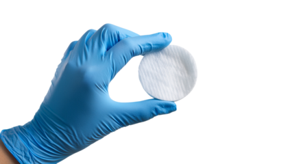 a human hand wearing a blue surgical glove holding a cotton pad. Science, medicine and aesthetics. Art for beauty salon, aesthetic clinic, medical laboratories. White background png