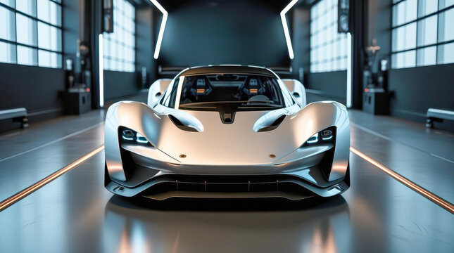 A futuristic hypercar with an electric engine and an aerodynamic body. Perfect lighting, high resolution and HDR emphasize every detail. Ideal for auto promo and advertising of the future.