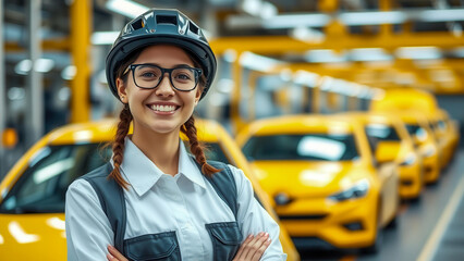 A young female engineer smiles against the background of yellow cars in a car plant workshop. She is wearing a uniform, helmet and protective glasses.