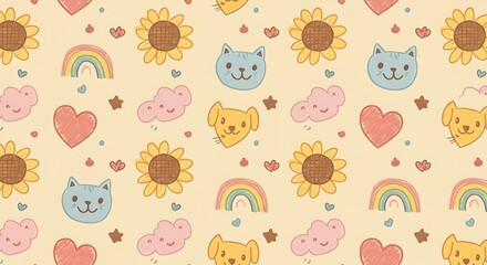 Cute kid scribble doodle icons seamless pattern. Sunflower, heart, cat, dog, rainbow, cloud, smile elements sign and symbols in children drawing style