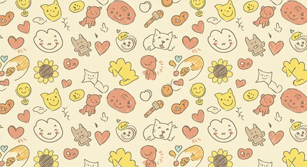 Cute kid scribble doodle icons seamless pattern. Sunflower, heart, cat, dog, rainbow, cloud, smile elements sign and symbols in children drawing style
