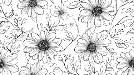 Seamless monochrome floral pattern with daisies and leaves.