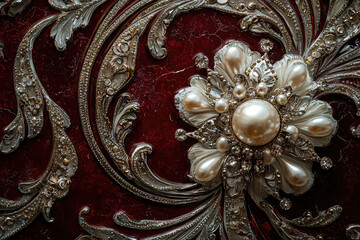 Fototapeta premium Ornate silver and pearl floral design on a rich burgundy background. Luxurious and elegant.