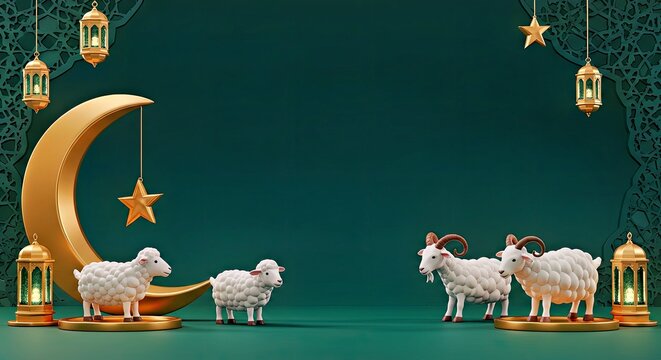 Eid al-Adha Islamic background design with decorative goat, sheep illustration, and Arabic crescent moon ornament.