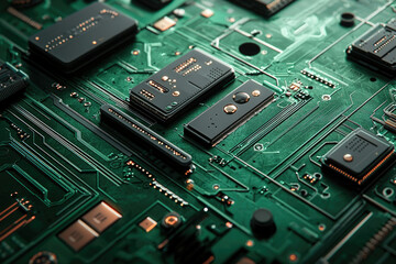 Fototapeta premium Close-up of a complex green circuit board with various microchips and components.