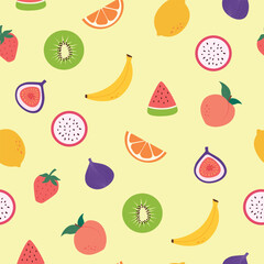 Vector seamless pattern with tropical fruits, kiwi,lemon,strawberry,dragon fruit,fig,watermelon.Design for wrapping paper, textiles, packaging. Colorful summer background.