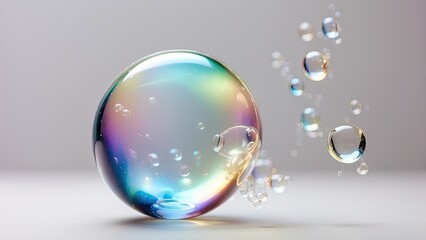 iridescent bubble with soft pastel hues floats in the center of the image