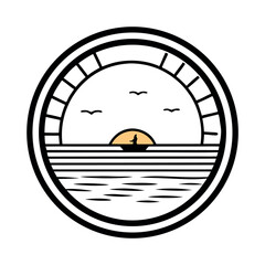 Obraz premium Minimalist-logo-design--circular-beach-scene sunset.