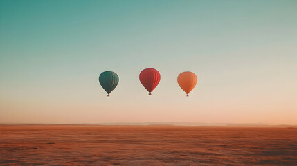 Fototapeta premium Three hot air balloons fly in a row over a flat, desert landscape at sunrise.