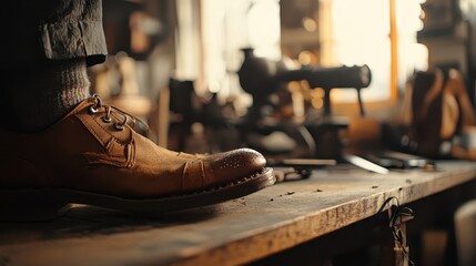 A close up shows a leather shoe and a workstation