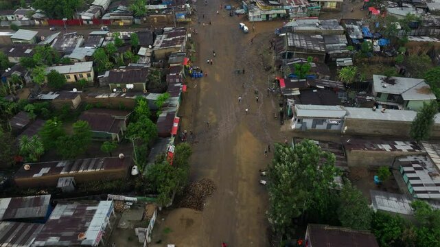Unpaved Streets Surrounded By Shanty Houses In Rural Town Of Jinka In Ethiopia. aerial shot