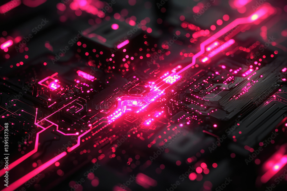 Poster abstract close-up of a circuit board with glowing pink lines, representing technological advancement