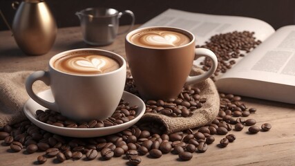 Fototapeta premium Coffee cups and beans in cozy browns.