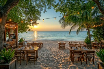 Fototapeta premium Golden Hour at Alappuzha Beach Restaurant, Greece: Seaside Dining Amidst Palm Trees