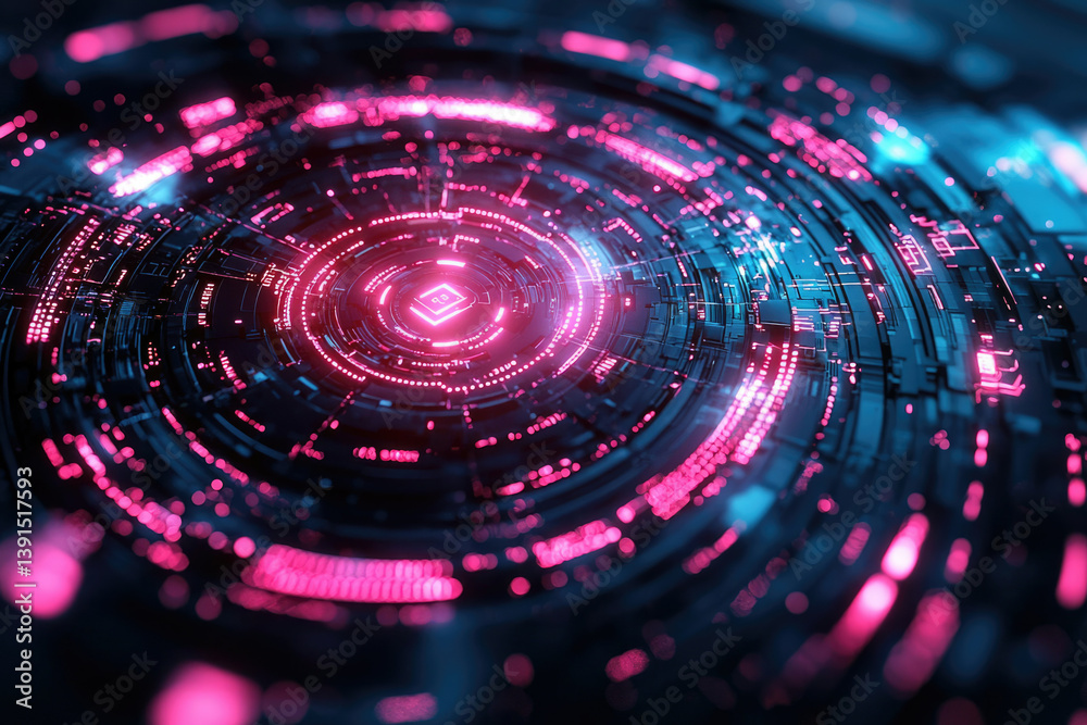 Poster abstract futuristic technology background with glowing pink and blue circular patterns, depicting a 